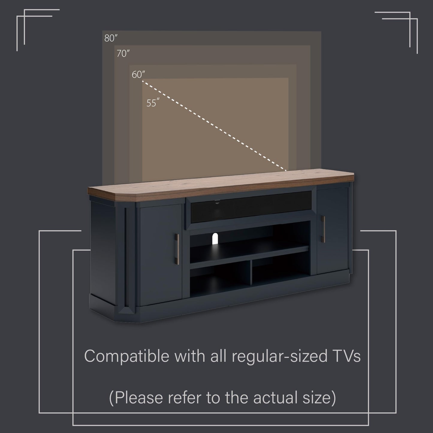 Signature Design by Ashley Landocken Contemporary 83" TV Stand for TVs up to 95" with Fireplace Option, 2 Cabinets, 2 Doors, 2 Adjustable Shelves, Open Cubbies and Cord Openings, Dark Brown & Blue