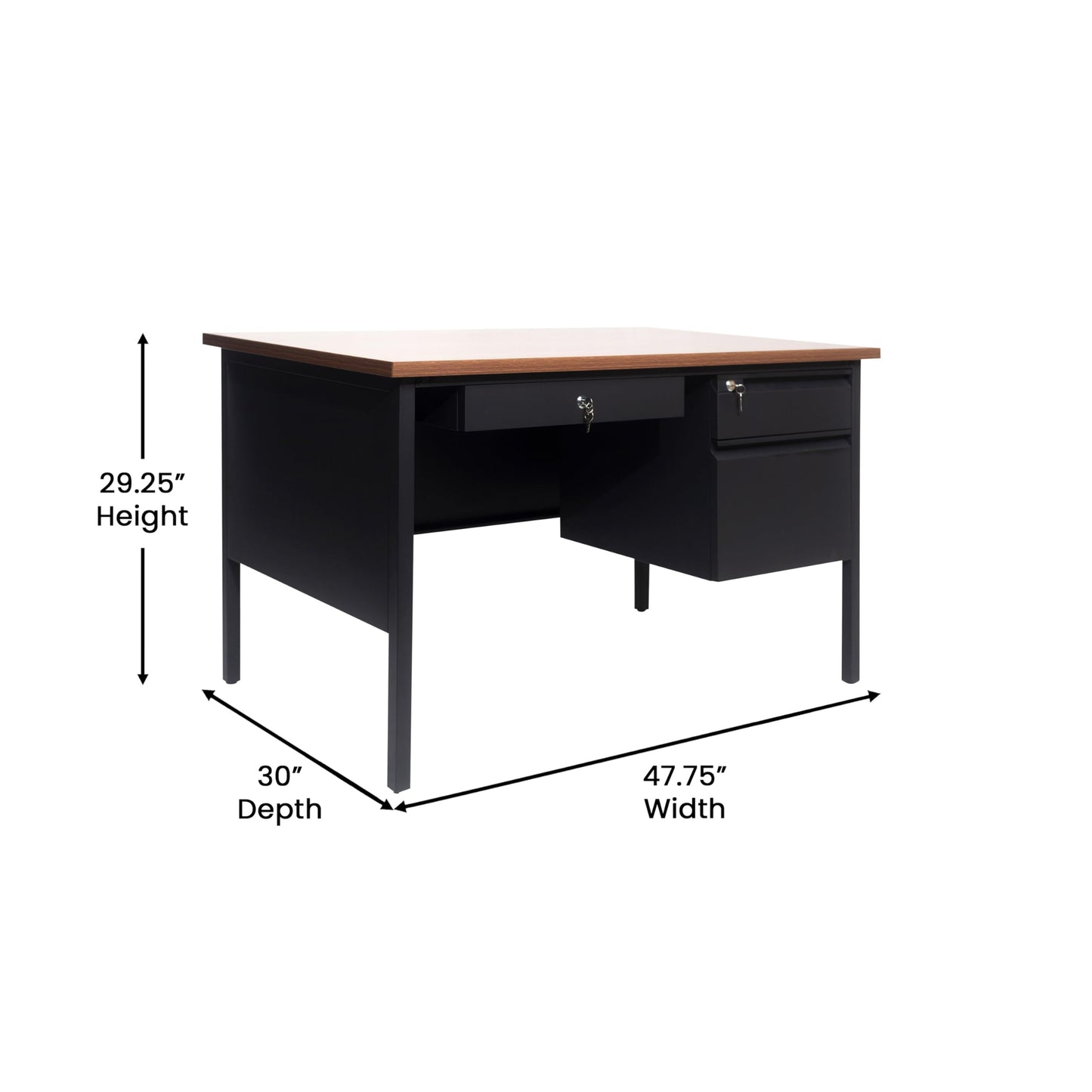Flash Furniture Cambridge Right Side Single Pedestal Desk with 3 Locking Drawers, Commercial Grade Teacher's or Office Desk, 30x48, Metal Frame, Walnut/Black