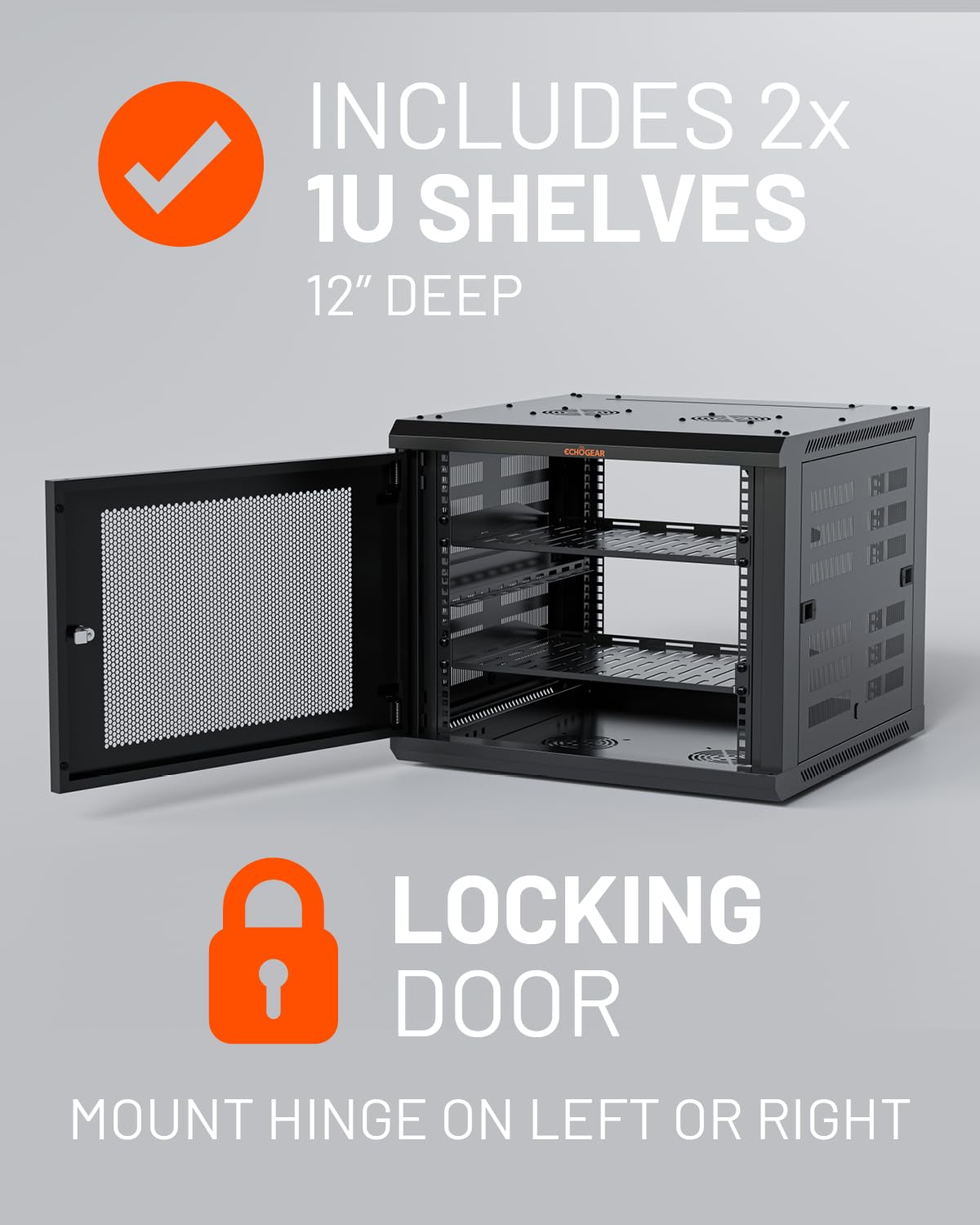 ECHOGEAR 9U Network Rack - Enclosed Wall Mount Rack Kit Includes 2X 1U Shelves, Pre-Mounted Fan, Lockable Door & Hardware - 600mm Depth Fits All Your AV Gear