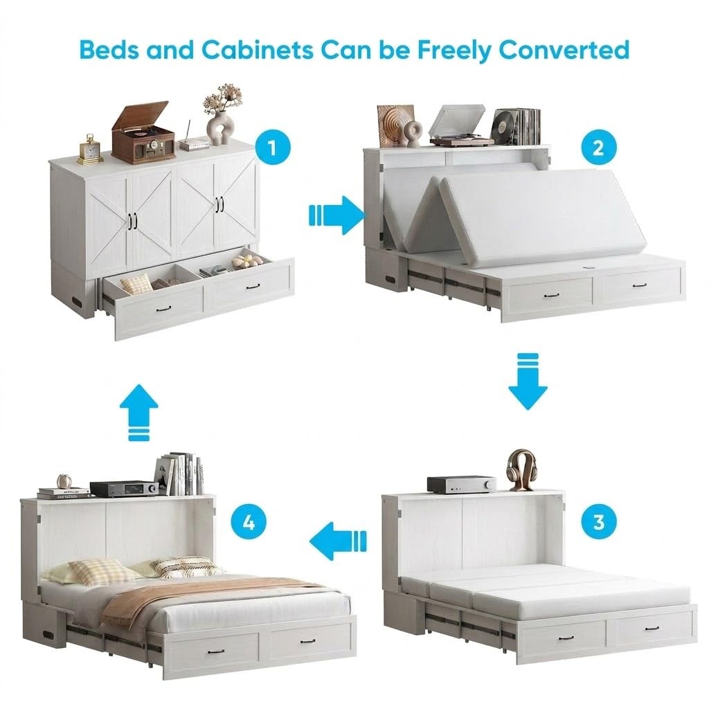 Mjkone Murphy Bed, Cabinet Beds Queen Size with Mattress Included, USB Charging Port, Drawer, Space Saving Queen Murphy Chest Bed, Hidden Cabinet Guest Wall Beds for Bedroom, Apartment, White