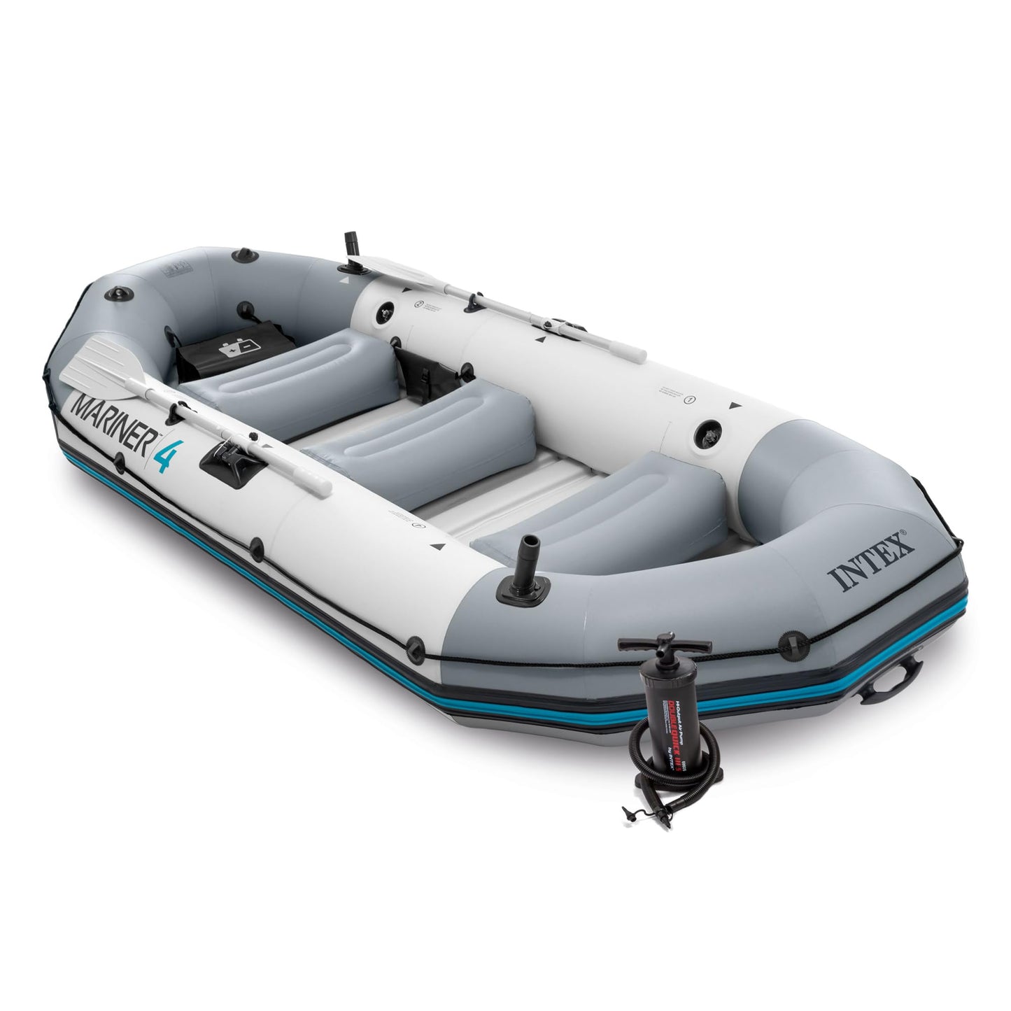 INTEX 68376EP Mariner 4 Inflatable Boat Set: Includes Deluxe 54in Boat Oars and High-Output Pump – Wear-Resistant Keel – Removable Fishing Rod Holders – 4-Person – 1100lb Weight Capacity