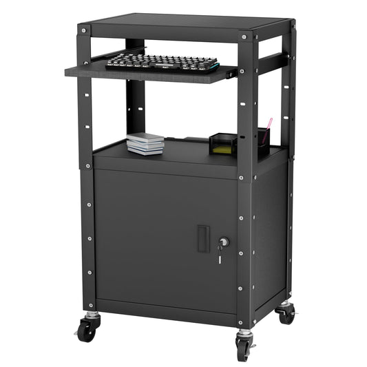 Mobile AV Cart with Cabinet, Rolling Computer Cart Height Adjustable Rolling Media Utility Cart with Extra Storage Space, 4 Outlets, Pullout Keyboard Tray Perfect for Home or Office Use