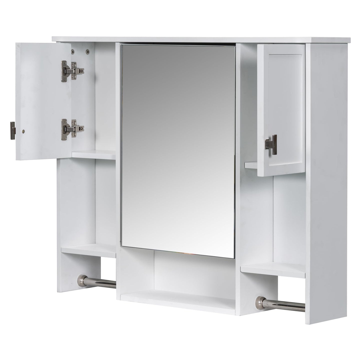 Merax Medicine Cabinet with Mirror, Wall Mount Bathroom Cabinet 35" x 28" Over Toilet Storage Cabinet Organizer with Doors, Open Shelves, and Towel Bars, Mirrored Bathroom Wall Cabinet