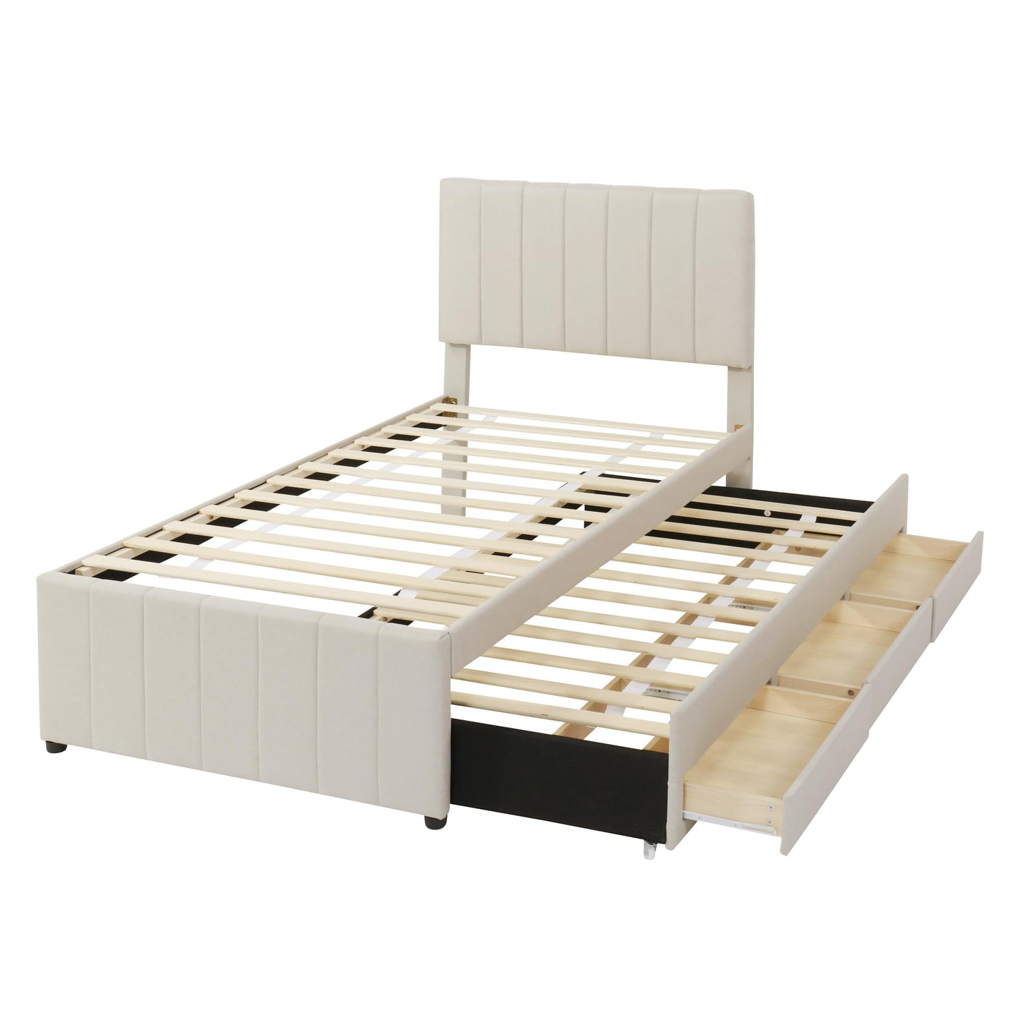 GDFStudio Twin Size Upholstered Platform Bed with Trundle and 3 Storage Drawers, Linen Fabric Bed Frame with Stripe Headboard and Wood Slat Support, Beige