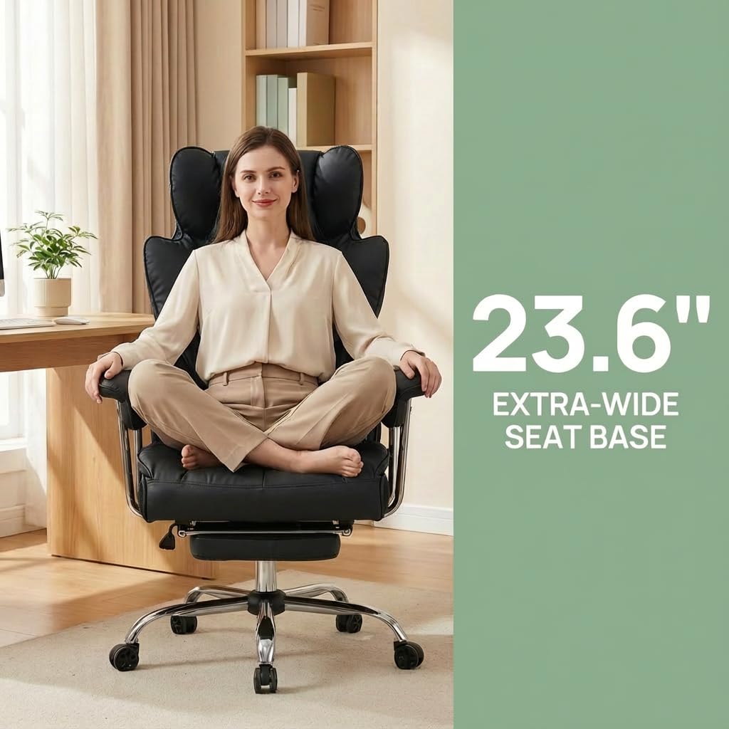 Efomao Big & Tall Office Chair with Footrest, High-Back Leather Executive Desk Chair with Lumbar Support and Padded Armrests, Black