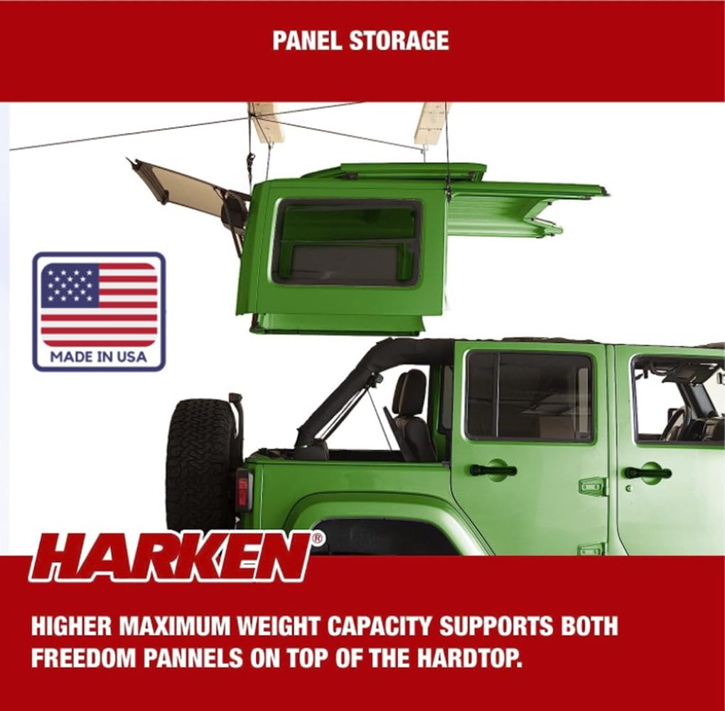 HARKEN - Jeep Hardtop Overhead Garage Storage Hoist for Jeep Wrangler, Gladiator, Ford Bronco, Self-Leveling, Safe Anti-Drop System, Easy One-Person Operation, 45-145lb Capacity - 7803.12JEEP6T