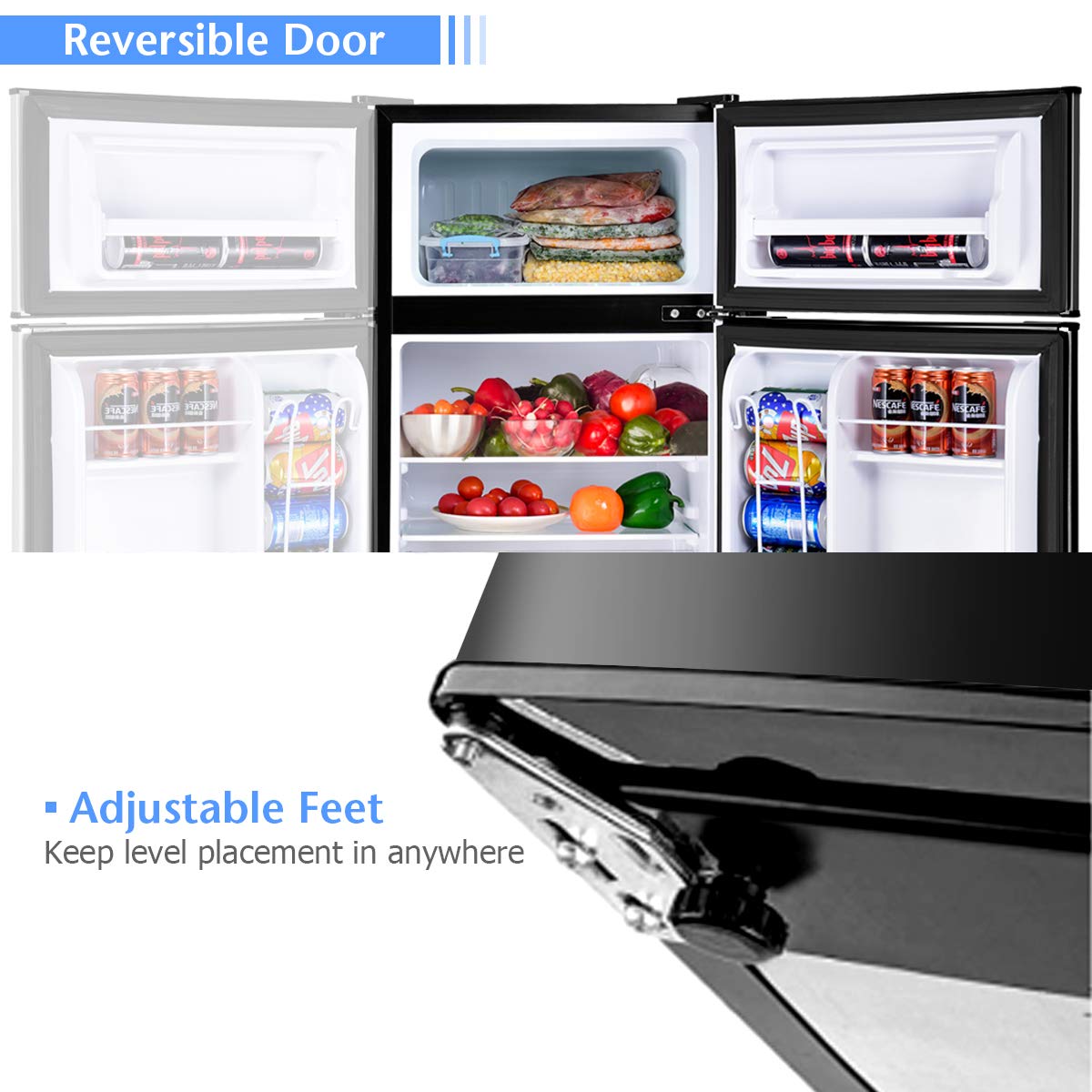 COSTWAY Mini Fridge with Freezer, 3.2 Cu.ft. 2-Door Mini Freezer Cooler Fridge w/Reversible Door, Removable Glass Shelves, Mechanical Control, Small Refrigerator for Bedroom, Dorm, Office (Black)