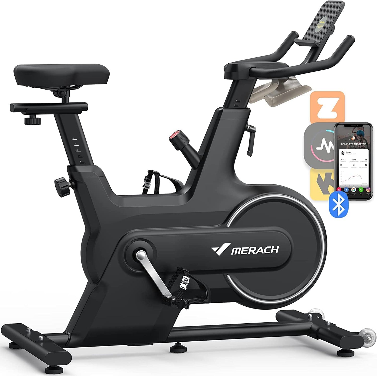 Merach Magnetic Exercise Bike, Low Noise Stationary Bike for Home with Comfortable Seat Cushion, Spinning Bike with 330 lb Weight Capacity, Exclusive App, Tablet Mount and Fitness Courses
