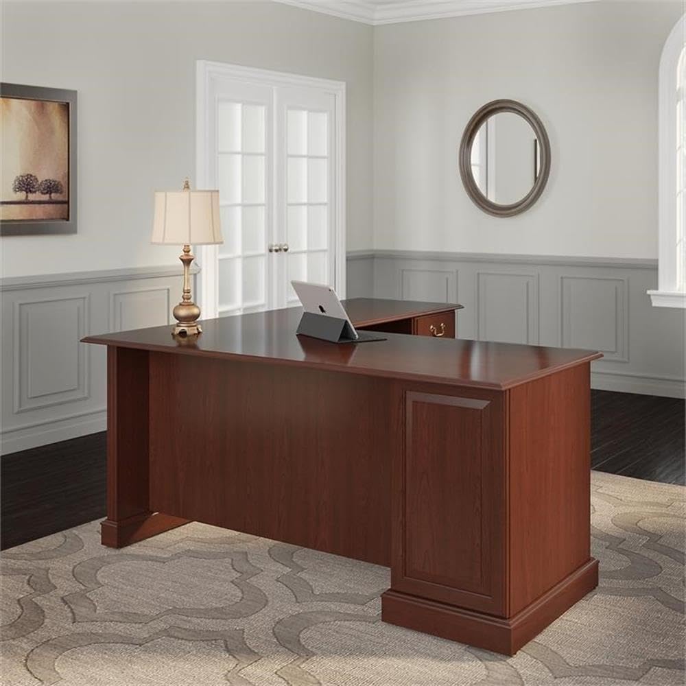Bush Furniture Saratoga L Shaped Computer Desk with Drawers and Storage in Harvest Cherry | Large Corner Office Table for Workspace