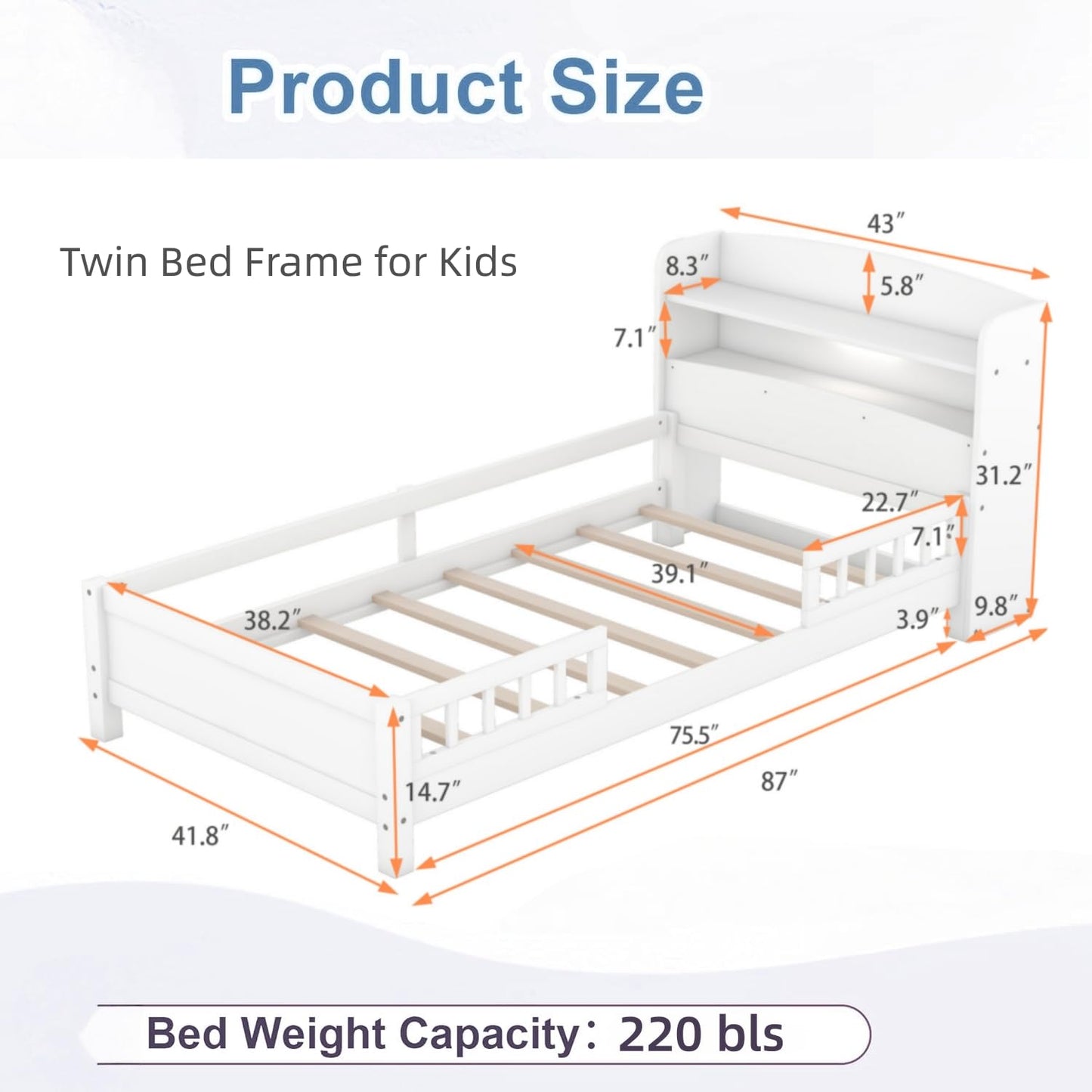 Merax Twin Bed Frame, Solid Wood Twin Size Platform Bed with Storage Headboard, Built-in Light and Safety Guardrail, Montessori Inspired Bed, No Box Spring Needed, White
