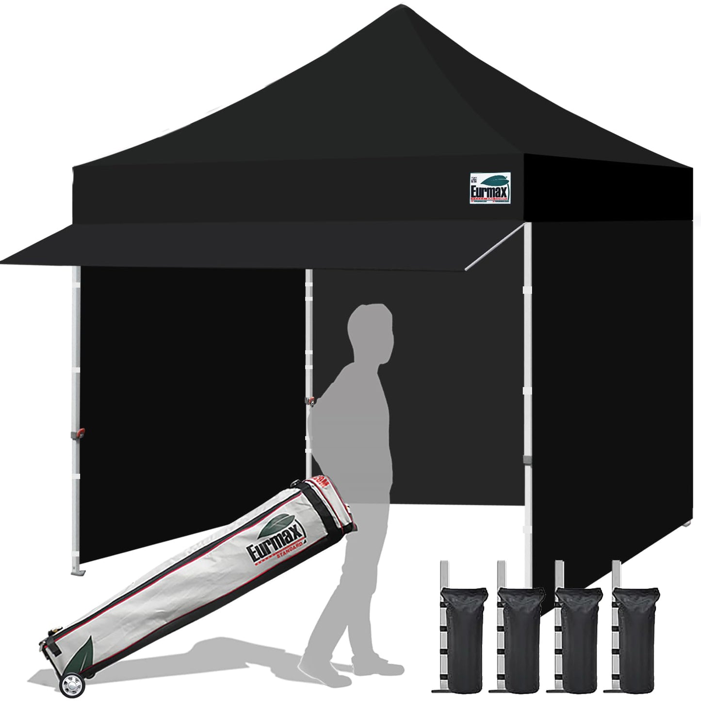 Eurmax USA 10x10 Pop Up Canopy,Commercial Tent with Patented No-Tip Rolling Bag,30sqft Extension Awning & 4 Zippered Removable Walls,UV & Water Resistant,Heavy Duty Instant Shelter Gazebo,Black