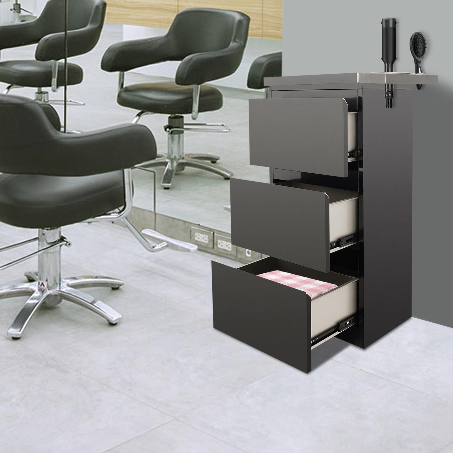 Salon Station for Hair Stylist, 3-Drawer Stainless Steel Salon Storage Cabinet Barber Organizer with 3 Hair Dryer Holders, Smooth & Silent Sliding (Black)