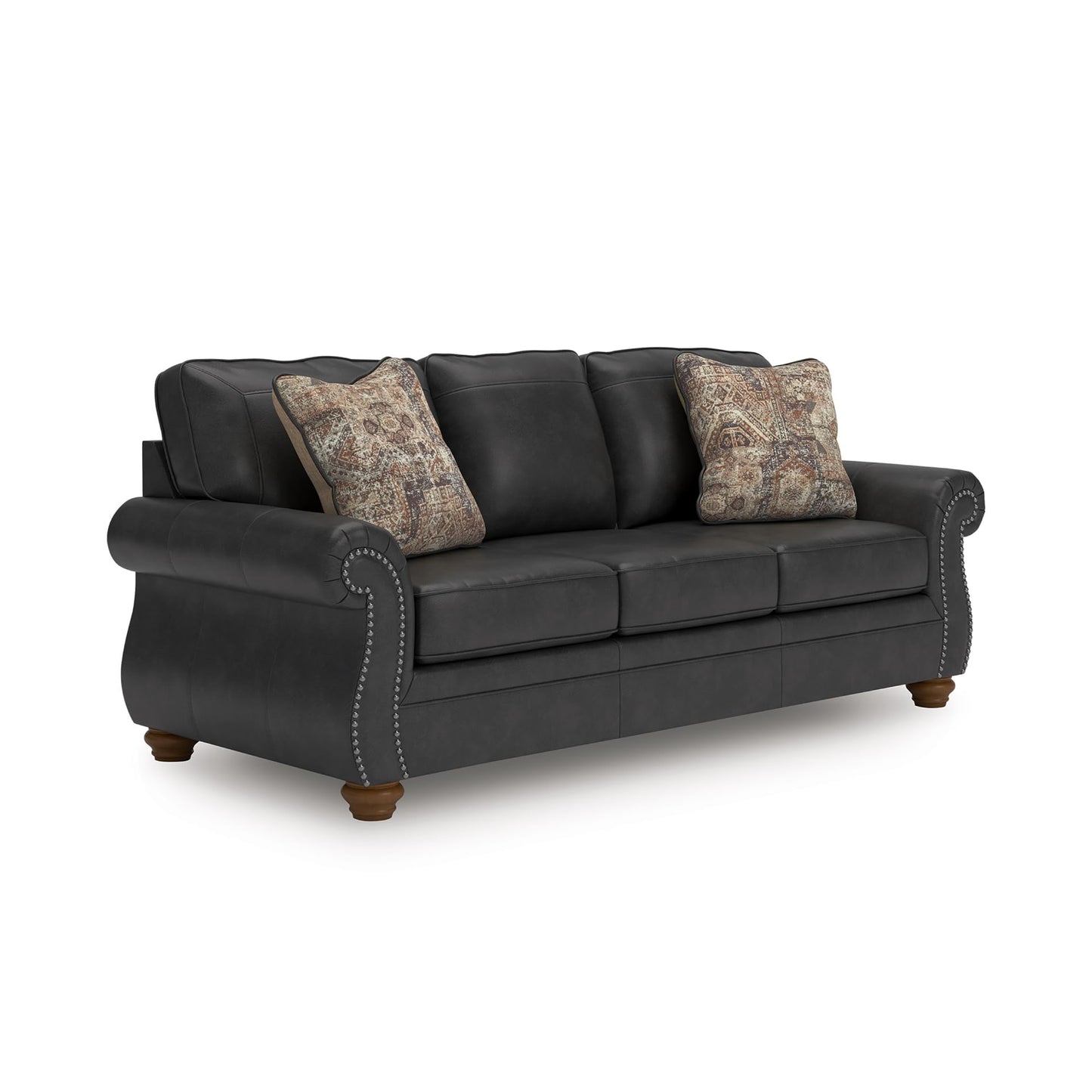 Signature Design by Ashley Shadsburne Rustic Faux Leather Sofa with Nailhead Trim and 2 Chenille Throw Pillows, Pillows with Soft Polyfill, Reinforced Frame for Added Stability, Black
