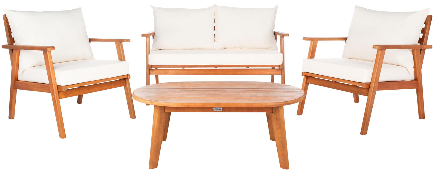SAFAVIEH Outdoor - Deacon 4-Piece Conversation Set - Brown & Beige - Solid Wood - Coastal Slatted Design with Cushions - Ideal for Patio, Deck, Porch, Backyard (PAT7050A)