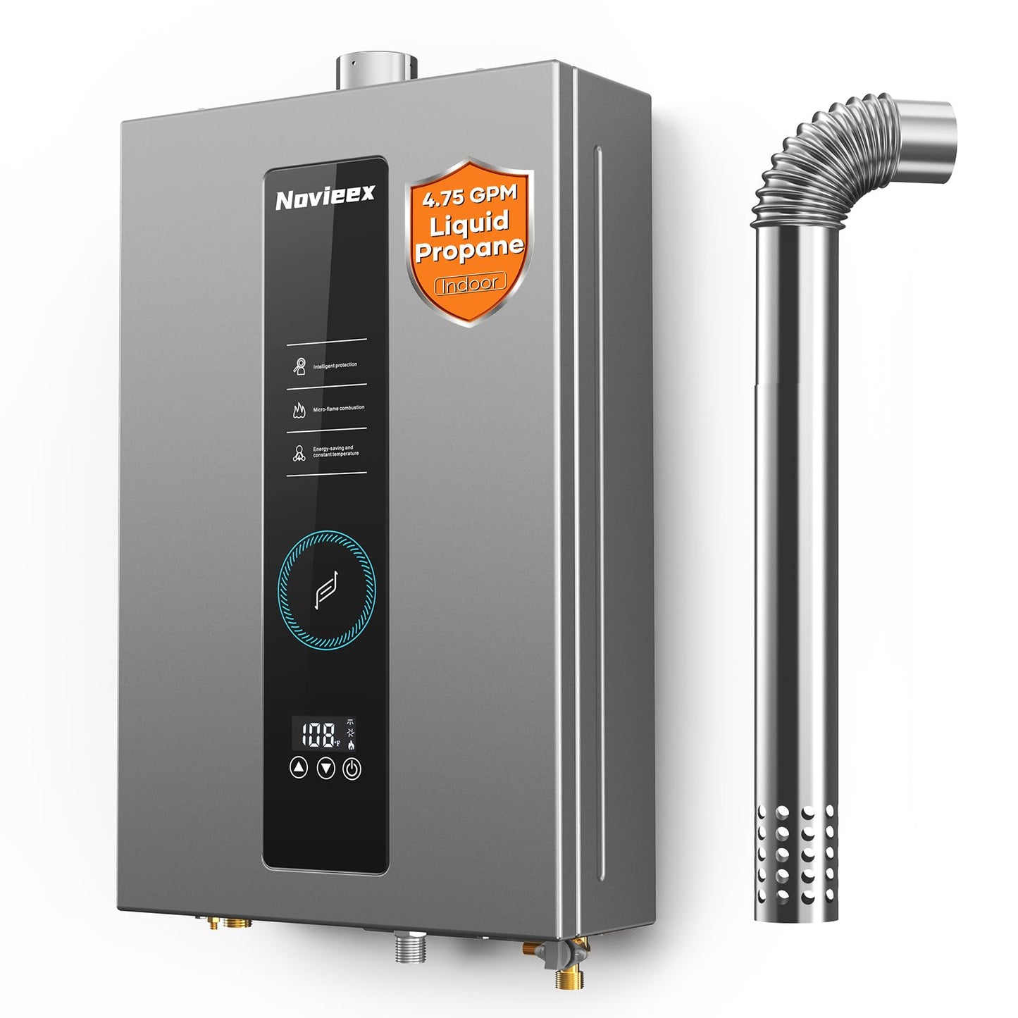 Tankless Water Heater, Novieex On Demand Water Heater Propane Gas, Up to 4.75 GPM, 100000 BTU Instant with LED Display, Indoor Installation, 2-4 Point Use for Family Bathroom Kitchen