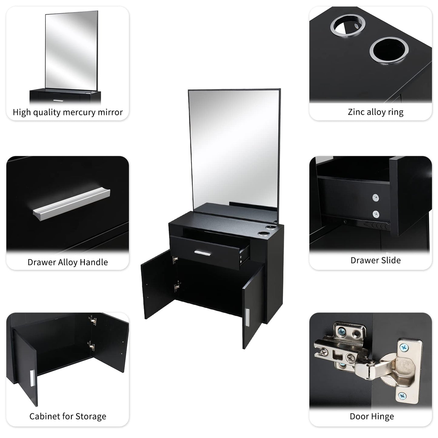59.4" Barber Salon Station Organizer Cabinet Makeup Hair Styling Beauty Spa Equipment Set, Wall Mount Salon Station Barber Stations Styling Station with Mirror Barber Beauty Spa Salon Equipment, Black