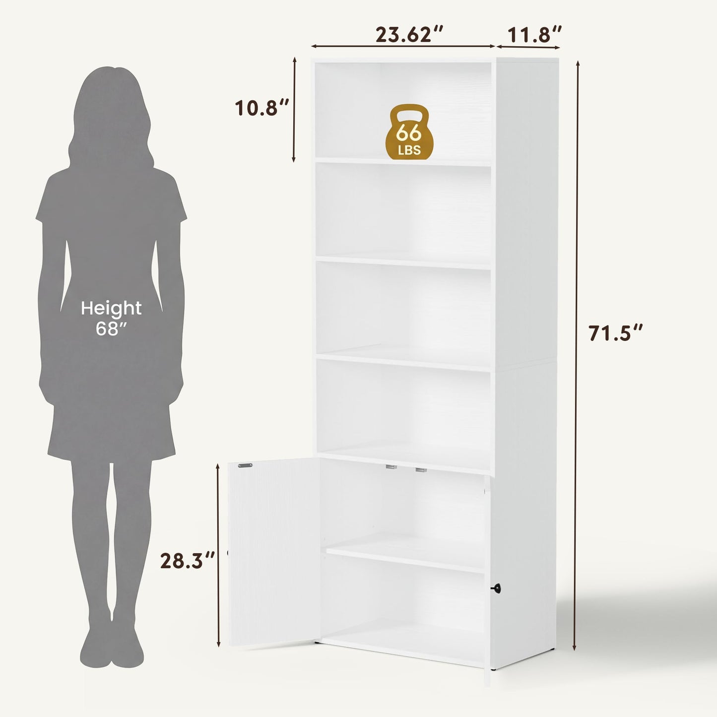 YESHOMY Farmhouse Bookshelf and Bookcase with Storage, 71.5" Tall Industrial Bookshelves and Bookcases with Doors, 4-Tier Floor Standing Tall Display Cabinet for Home Office, Living Room, White, 2 PCS
