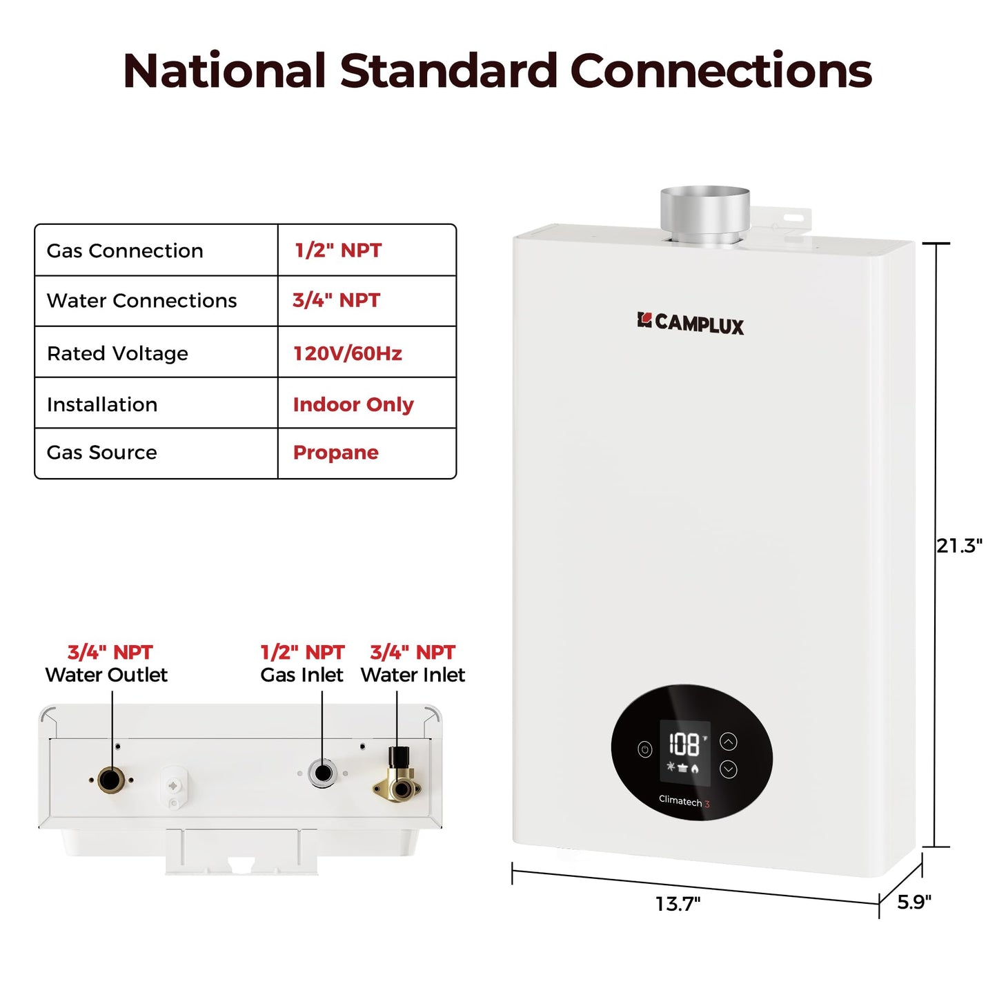 CAMPLUX Climatech 3 Tankless Water Heater Propane, 65,000 BTU Propane On Demand Hot Water Heater, Max 2.64 GPM, Indoor Installation, CX264, White