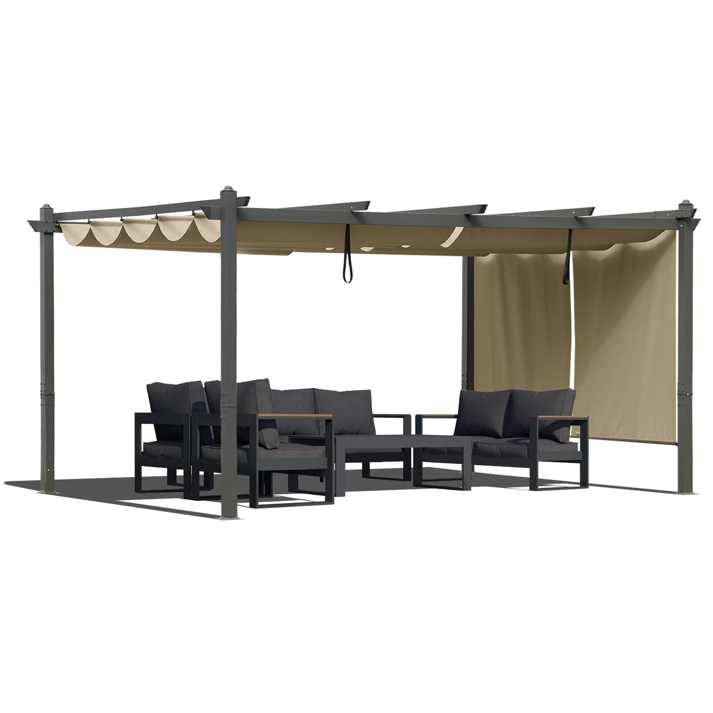 BPS 12x16 FT Outdoor Pergola - Retractable Shade Canopy with Aluminum Frame & Roller Shade Curtains for Patio, Backyard, or Deck, Khaki