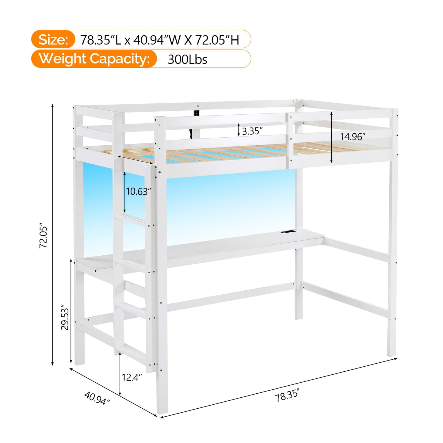 VINGLI Loft Bed with Desk, Wood Bunk Bed Twin Size with RGB LED for Adults, 2 Charging Station on High Guardrail and Desk,Wood Slat Support, White
