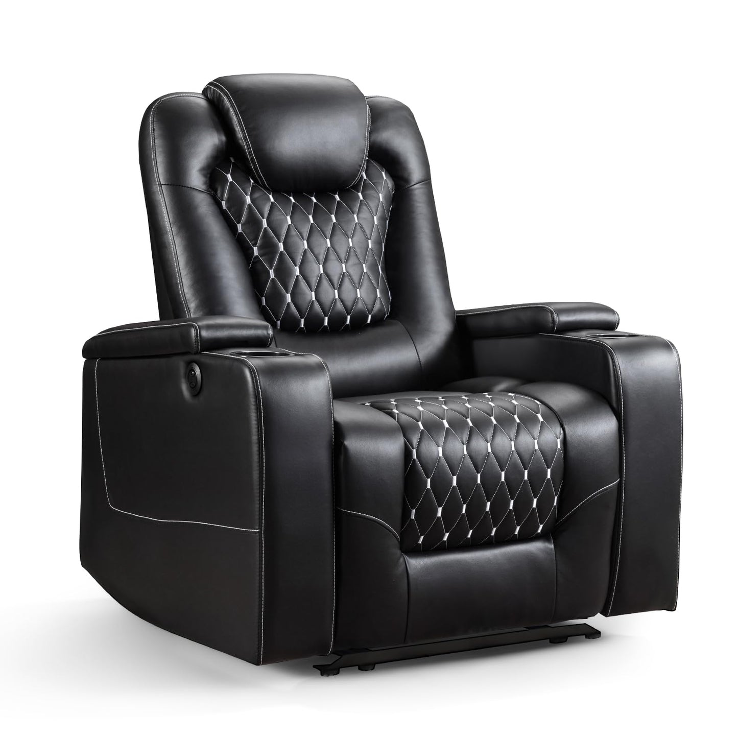 ANJ Power Recliner Chair with USB Ports and Cup Holders - Overstuffed Electric Home Theater Seating PU Leather Reclining Furniture with Hidden Arm Storage, Easy to Clean (Black)