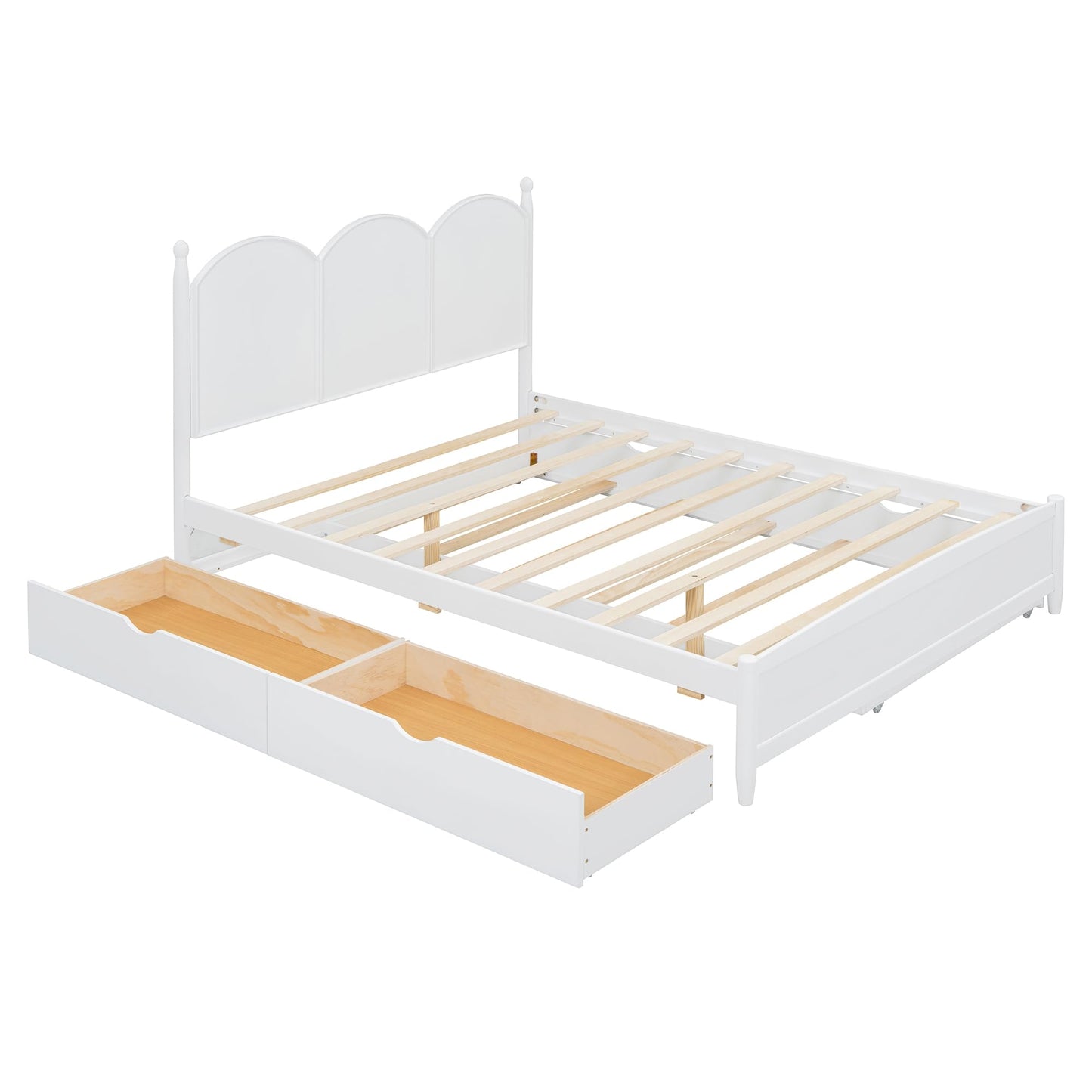 Merax Queen Size Platform Bed with 2 Storage Drawers and Twin XL Size Trundle, Rustic Design Wooden Bed Frame, White