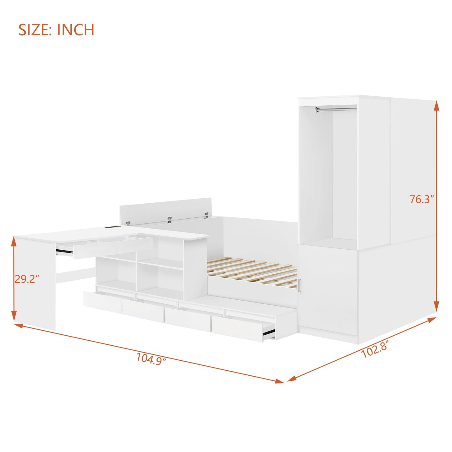 Merax Full Size Platform Bed with 6 Storage Drawers, Wooden Daybed with Desk, Sheves and Wardrobe