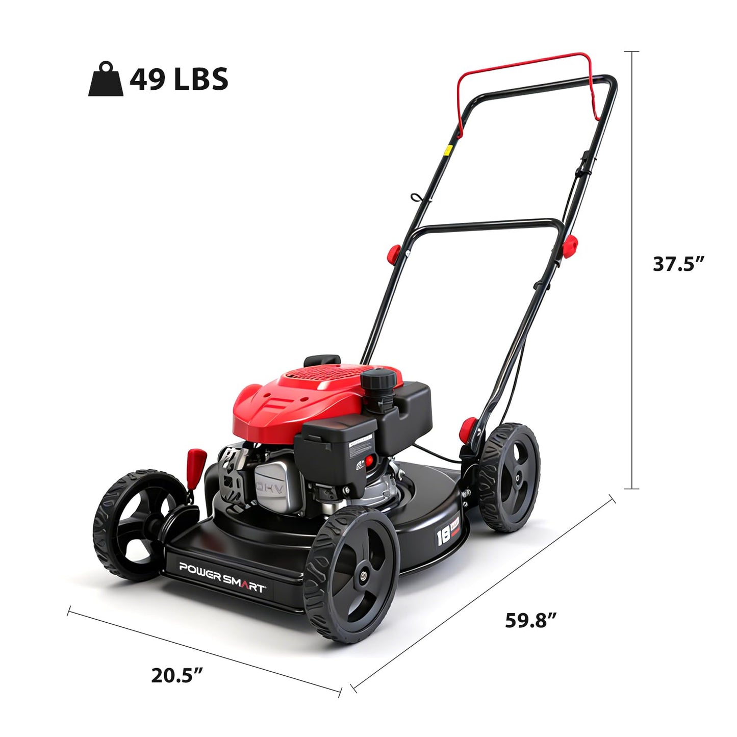 PowerSmart 18-inch 144cc Gas Lawn Mower, Push Mower with Side-Discharge, 5-Point Height of Cut