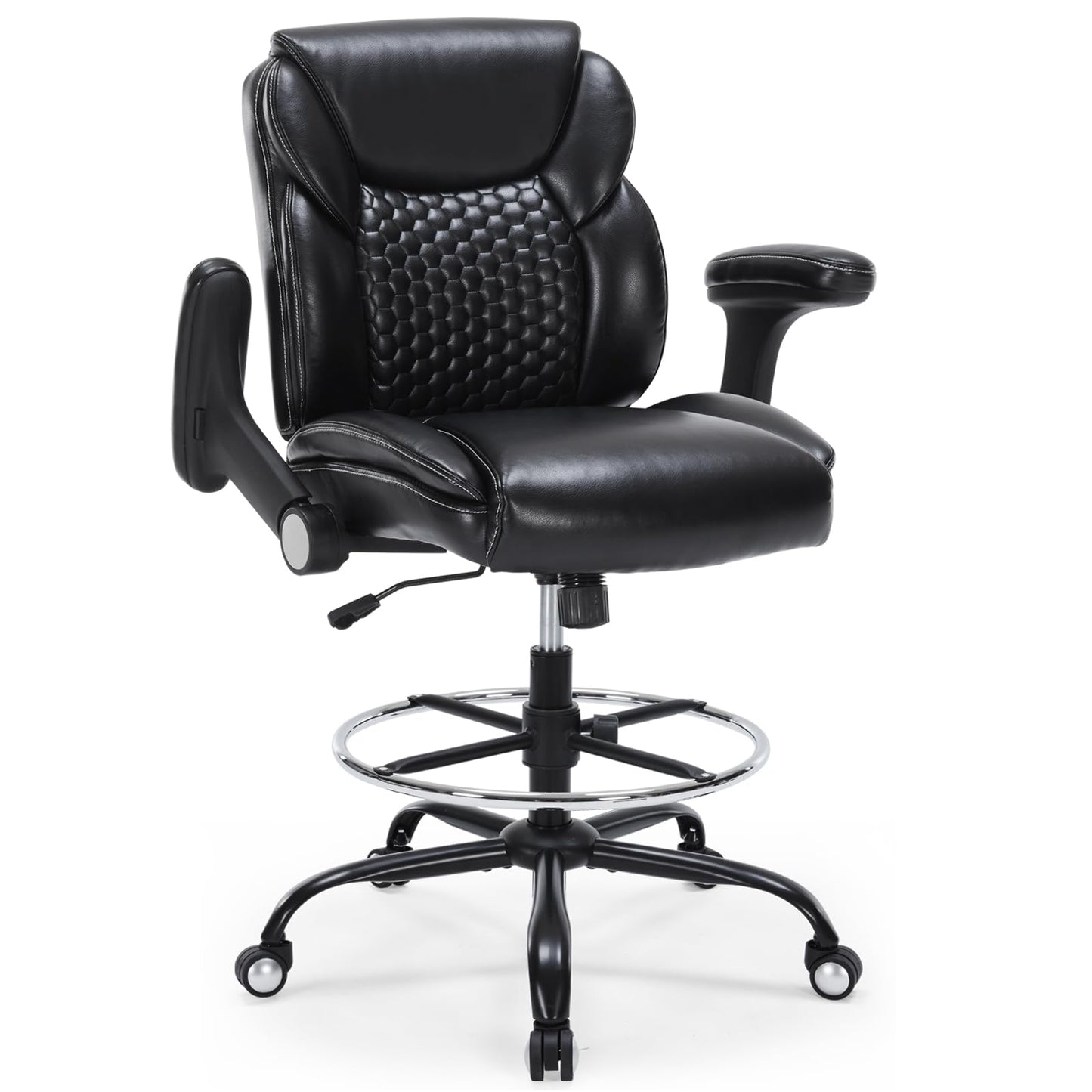 Drafting Chair, Tall Office Chair with Adjustable Armrests Mid-Back Standing Desk Chair with Footrest Ring, PU Leather High Executive Desk Chair Counter Height Office Chair for Home and Office, Black
