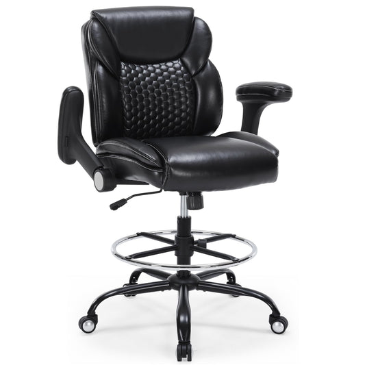 Drafting Chair, Tall Office Chair with Adjustable Armrests Mid-Back Standing Desk Chair with Footrest Ring, PU Leather High Executive Desk Chair Counter Height Office Chair for Home and Office, Black