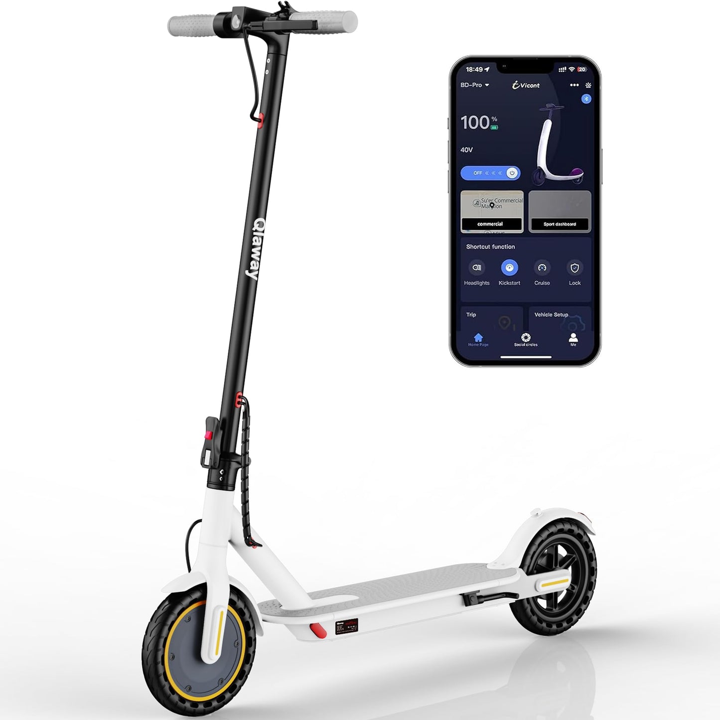 Qlaway 8.5" Aluminum Alloy Frame E Scooter for Adults 19 MPH Sport Escooter 350W Motor, Electric Scooter Up to 22 Miles Range, Bearing 265 LBS/APP Control-White