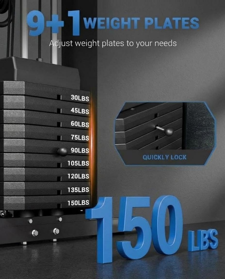 Multifunctional Home Gym Equipment - 150LB Weight Stack Workout Station for Full Body Strength Training, High/Low Pulley System with Leg Press & Butterfly Arms