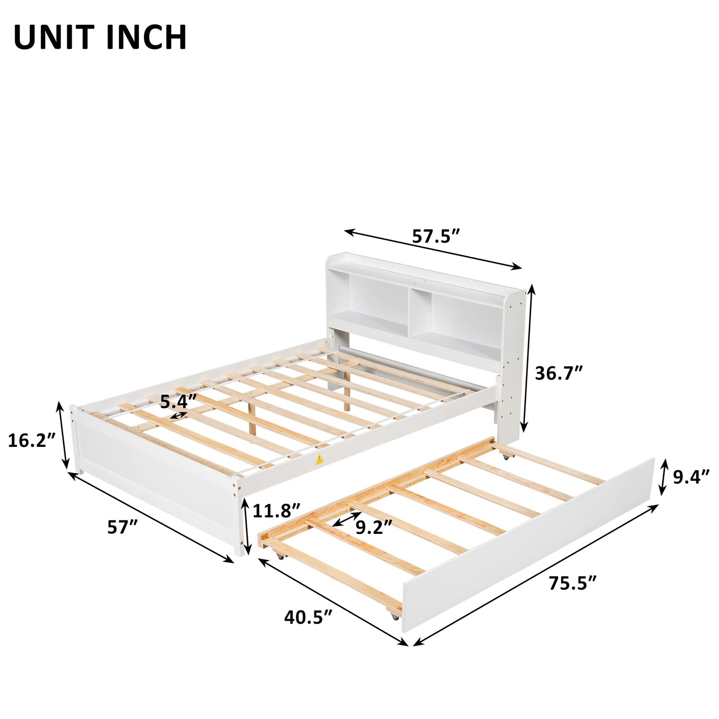 Full Size Bed Frame with Trundle,Captain’s Bed Full with Bookcase Headboard for Kids,Trundle Bed with Storage for Kids,Teens,Adults(White)