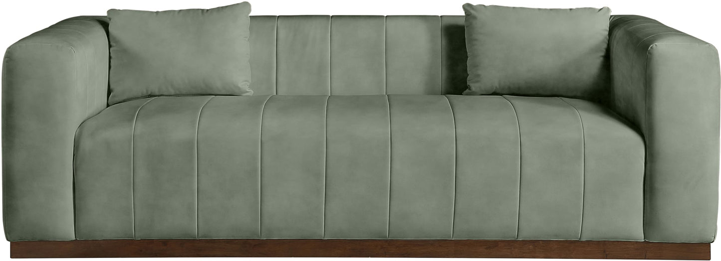 Meridian Furniture 44098Green-S Mallina Collection Modern | Contemporary Sofa with Soft Green Vegan Leather, Walnut Finish Solid Wood Base, Deep Channel Tufting, 90.5" W x 36" D x 28.5" H, Green