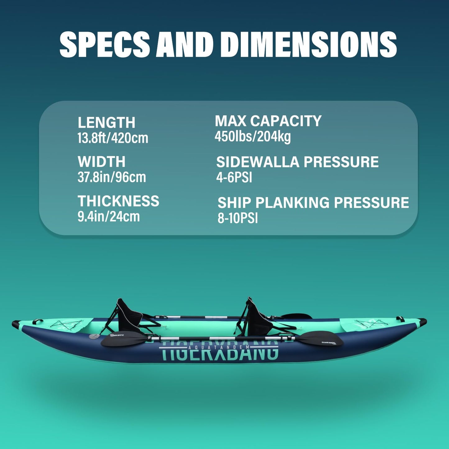 TIGERXBANG 13.8'x37.8''x9.4'' Inflatable 2 Person Kayak, Touring Boat for Adults/Youth, Kayak Set with Removable Seat, Double Paddles, Foot Pedals, Hand Pump and Multifunctional Accessories