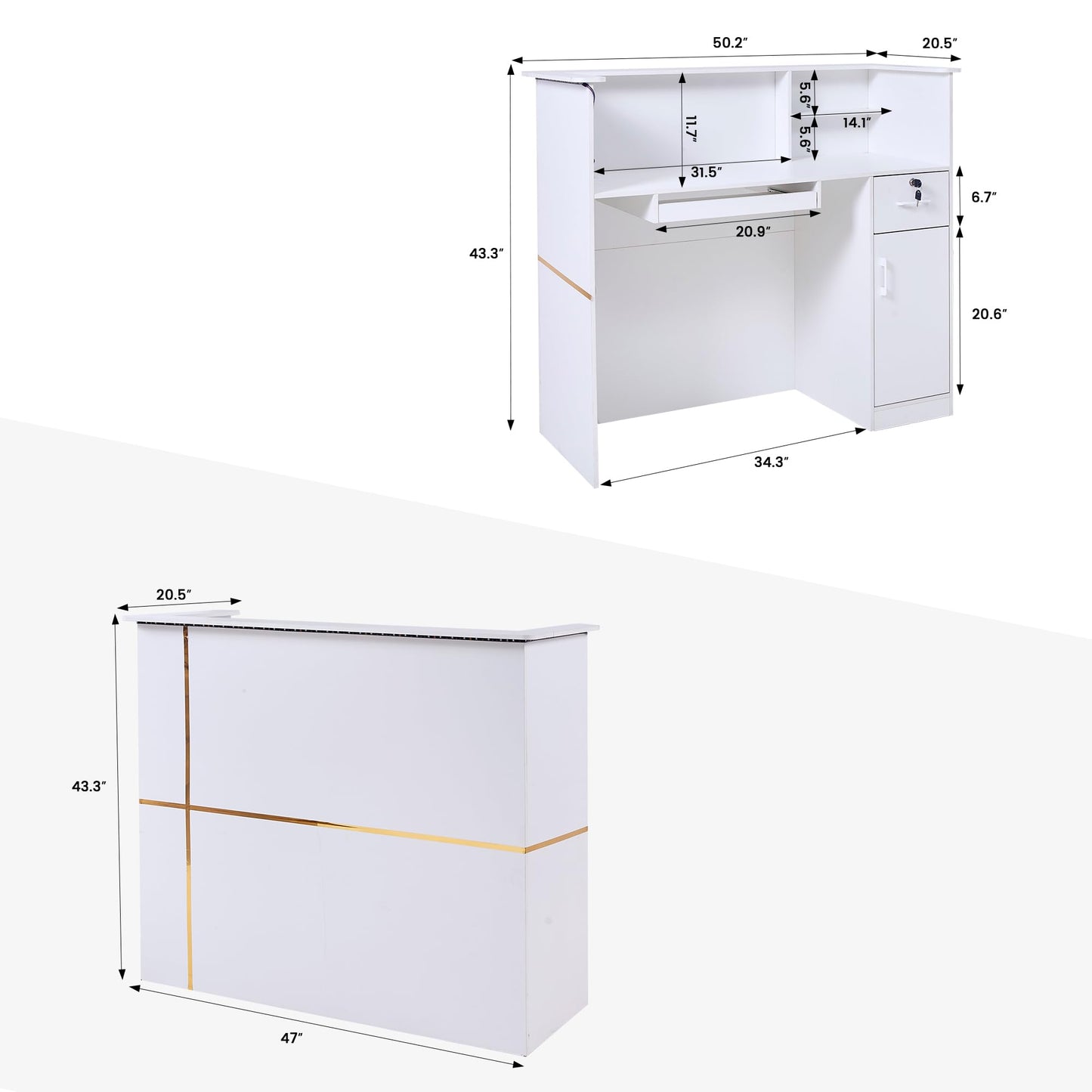 50" Reception Desk – Modern Front Desk with Lockable Drawer, Keyboard Tray, Storage Cabinet, Built-in Power Outlet, LED Lights & DIY Stripe – Ideal for Lobbies, Salons & Retail