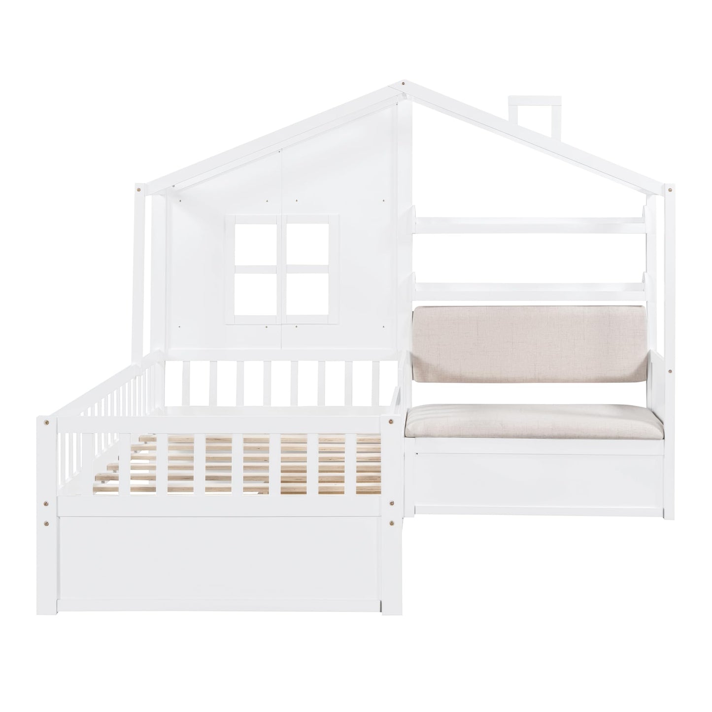 Merax Twin Size House Bed with Upholstered Sofa Seat, White L-Shape Wooden Platform Bed Frame with Two Drawers and Storage Shelf
