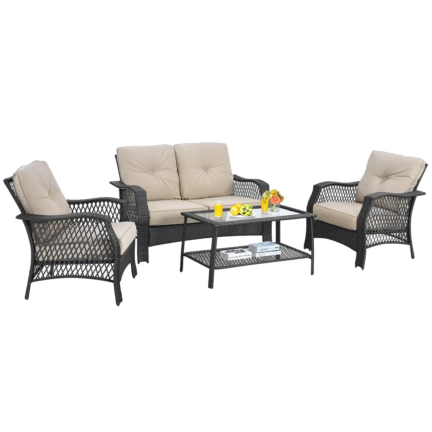 Tangkula 4 Pieces Outdoor Patio Furniture Set, Patiojoy PE Wicker Conversation Sofa Set with Tempered Glass Coffee Table, Sectional Rattan Patio Sofa Set for Garden, Backyard, Poolside (Beige)