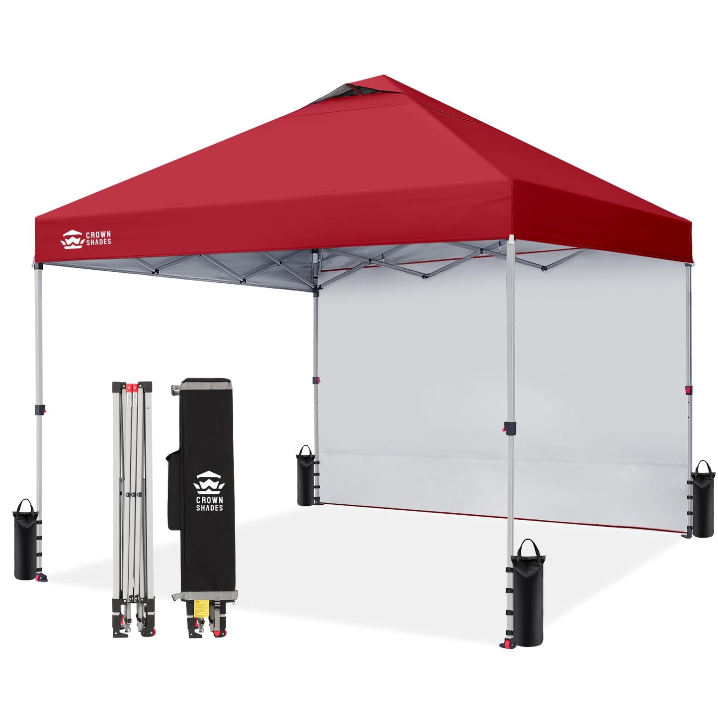 CROWN SHADES 10x10 Pop Up Canopy with 1 Side Wall - Beach Tent with One Push Setup - Outdoor Sun Shade for Events, Parties, Camping - Gazebo with STO-N-Go Cover Bag (Red)