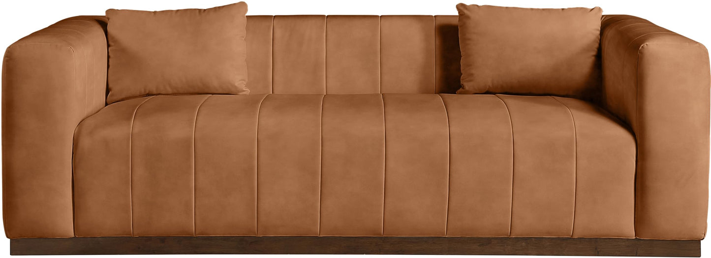 Meridian Furniture 44098Cognac-S Mallina Collection Modern | Contemporary Sofa with Soft Cognac Vegan Leather, Walnut Finish Solid Wood Base, Deep Channel Tufting, 90.5" W x 36" D x 28.5" H, Cognac