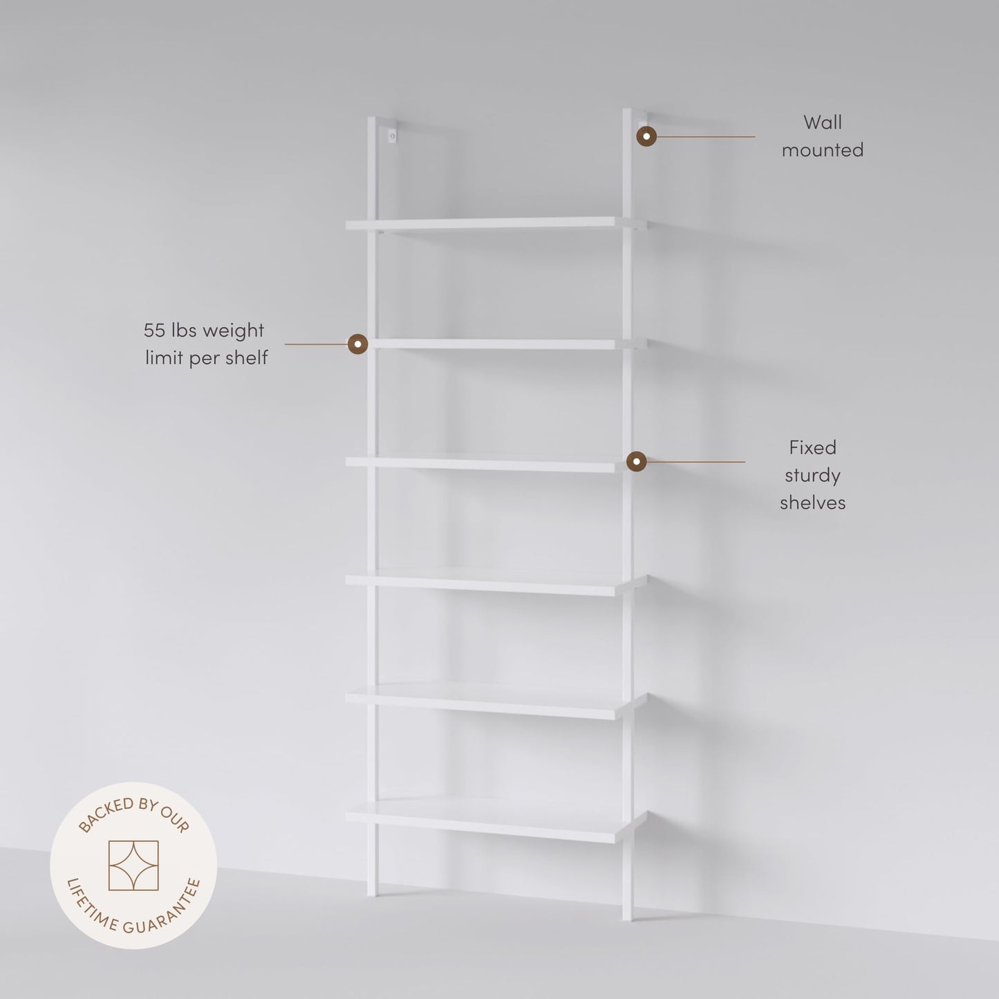Nathan James Theo 6-Shelf Tall Modern Bookshelf, Wall Mount Ladder Shelf Bookcase with Wood and Industrial Metal Frame, Matte White