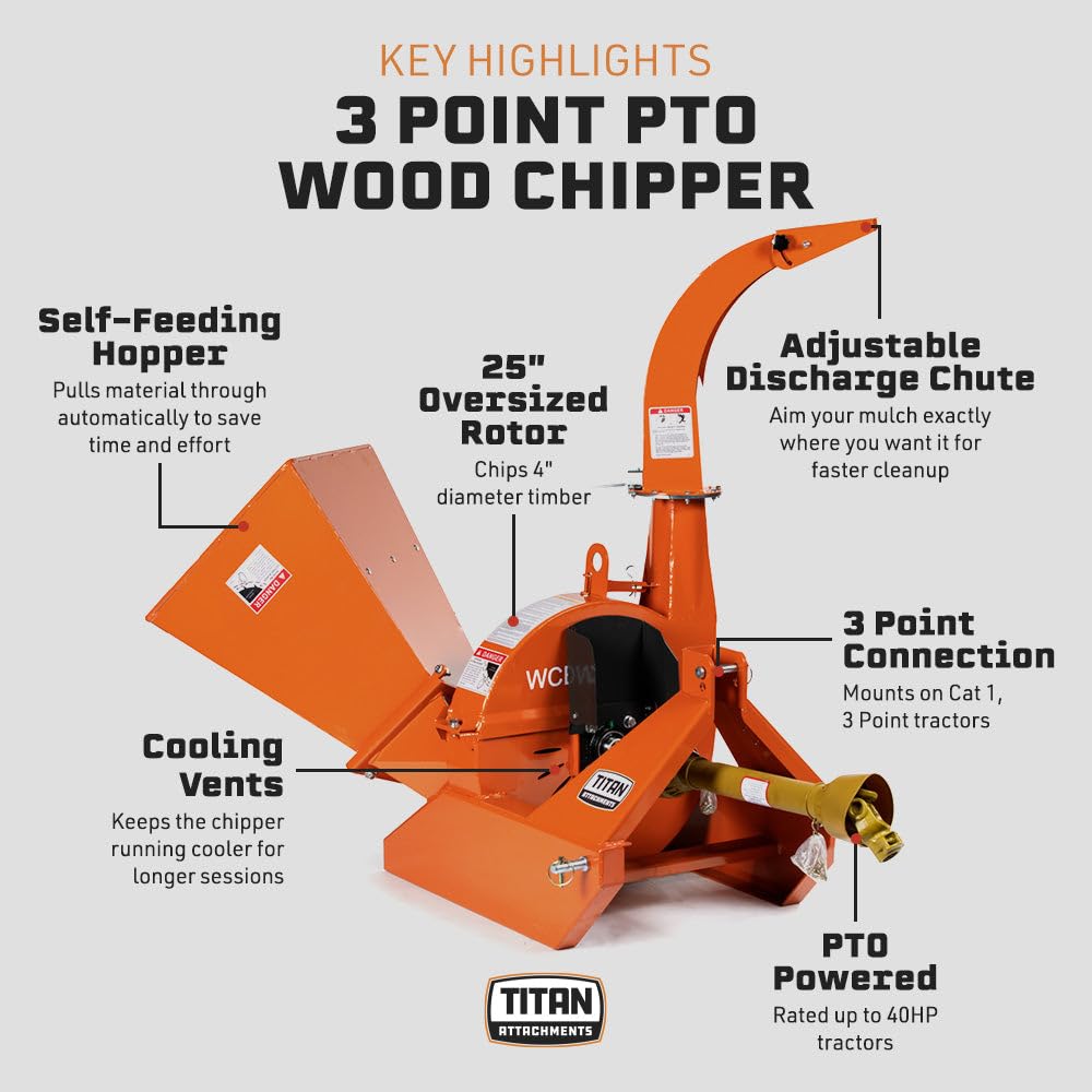 Titan Attachments 3 Point Wood Chipper, PTO Driven for Tractors up to 40HP, 25" Rotor Chips up to 4" Diameter Timber, Self-Feeding Chute, Adjustable Discharge, Shredder Mulcher with Reversible Blades