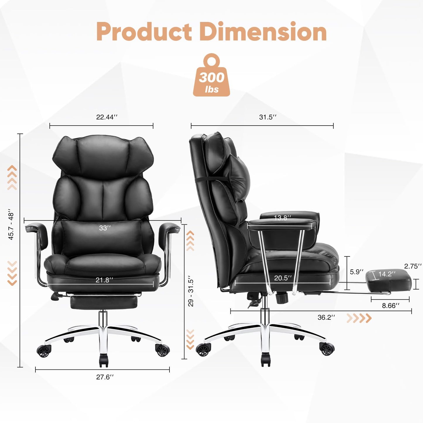 Sweetcrispy Executive Home Office Desk Chair - Ergonomic Big Tall High Back with Footrest & Lumbar Support, Reclining Height Adjustable, Comfy PU Leather Computer Gaming with Swivel Wheels, Black