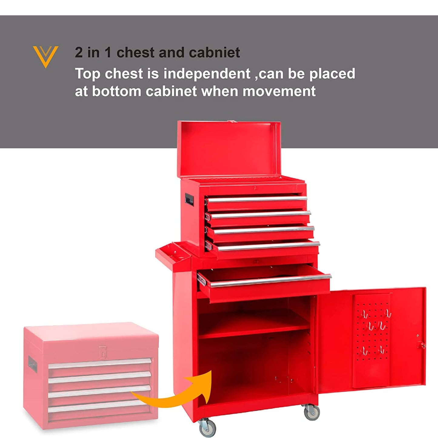 Road DAWG ATBT1204D-Red Torin Rolling Garage Workshop Tool Organizer: Detachable 4 Drawer Tool Chest with Large Storage Cabinet and Adjustable Shelf, Red