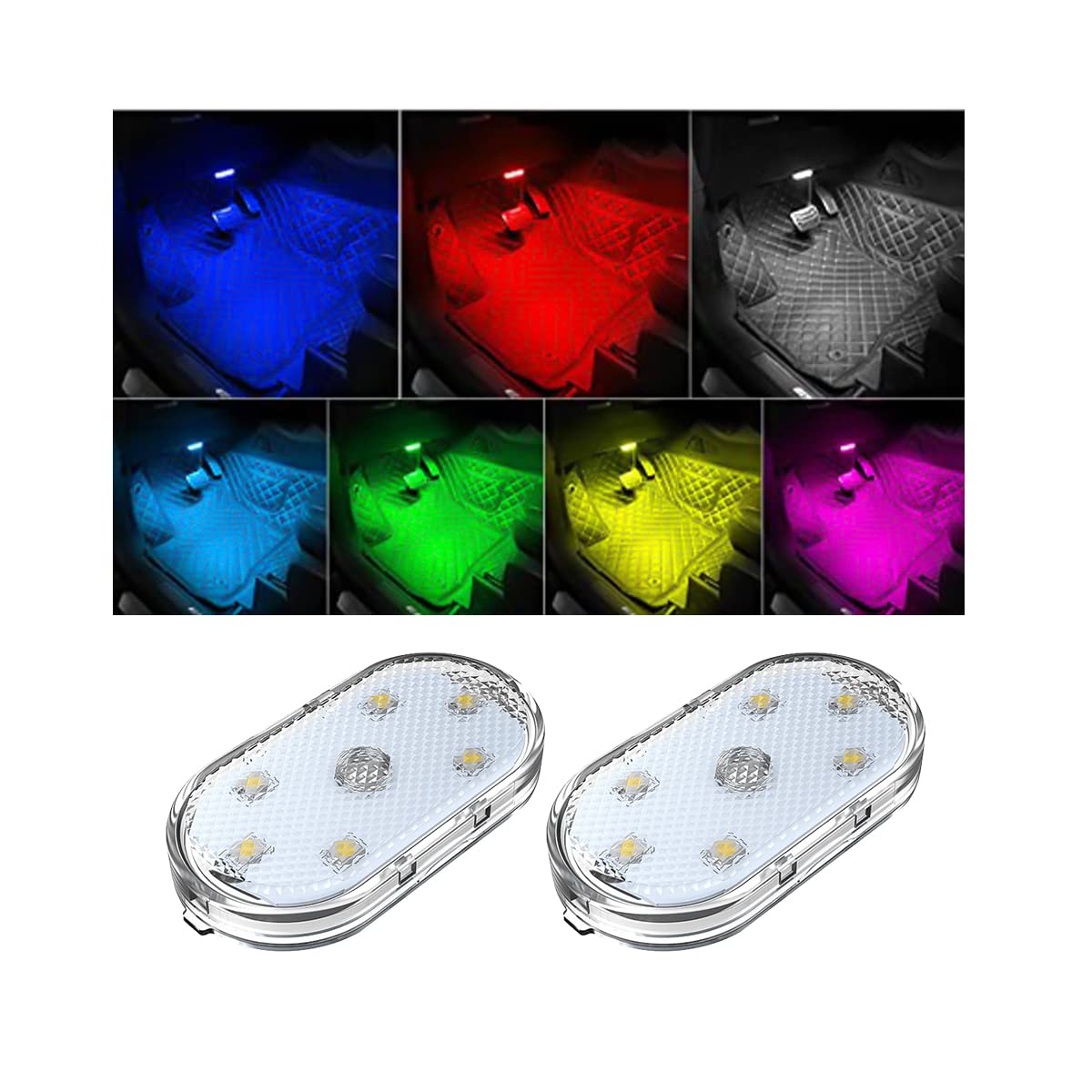 Ziciner Car Wireless LED Lights, Super Bright USB Rechargeable Bulb, Colorful, 2 PCS, ABS Material