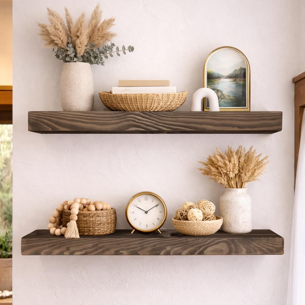 BANFFLOW 24 Inch Long x 8.66 Inch Deep Floating Shelves for Wall, Set of 2 High-End Solid Wood Shelves with Sturdy Hidden Brackets, Dark Walnut, for Living Room Kitchen Bathroom Study Room