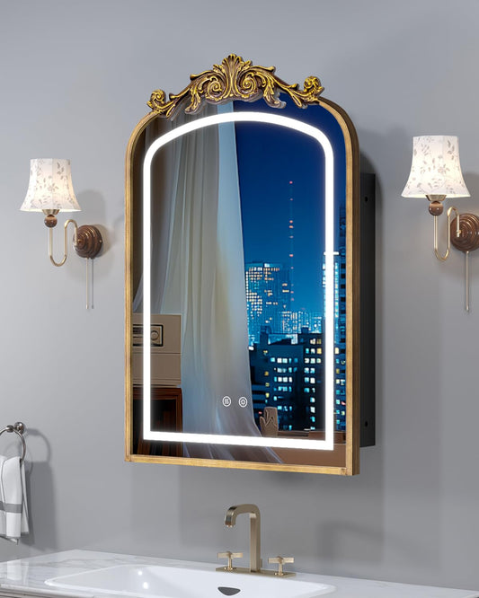 20"x30" LED Bathroom Medicine Cabinet with Mirror and Lights, Bronze Hand-Painted Baroque Bathroom Storage with Mirror, Recessed / Wall Mounted, Dimmable 3 Color Lighting Anti-fog ( with 1 Organizer)