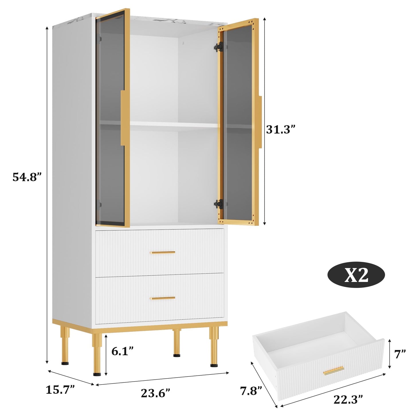 Fluted Glass Door Storage Cabinet - Modern White Display Cabinet with Adjustable Shelves & 2 Drawers for Kitchen Pantry or Living Room Organization(White)