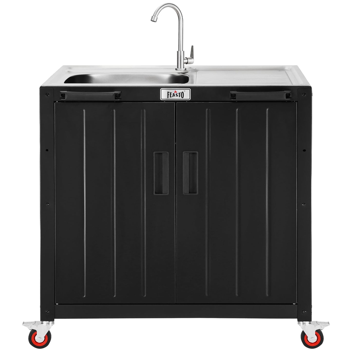 Feasto Outdoor Kitchen Island with Stainless Steel Sink and Storage Cabinet, 35-Inch BBQ Prep Station with Faucet & Lockable Wheels for Patio, Backyard, and Outdoor Cooking, Black & Silver
