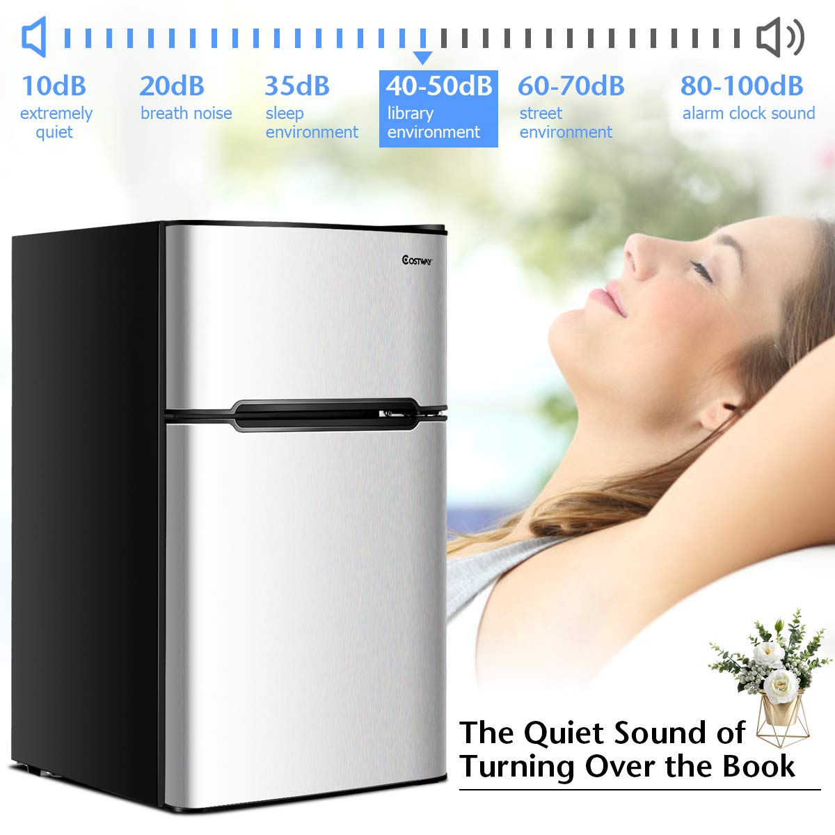 COSTWAY Mini Fridge with Freezer, 3.2 Cu.ft. 2-Door Mini Freezer Cooler Fridge w/ Reversible Door, Removable Glass Shelves, Mechanical Control, Small Refrigerator for Bedroom, Dorm, Office (Grey)